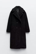 Women's long teddy coat with notched lapels and button front