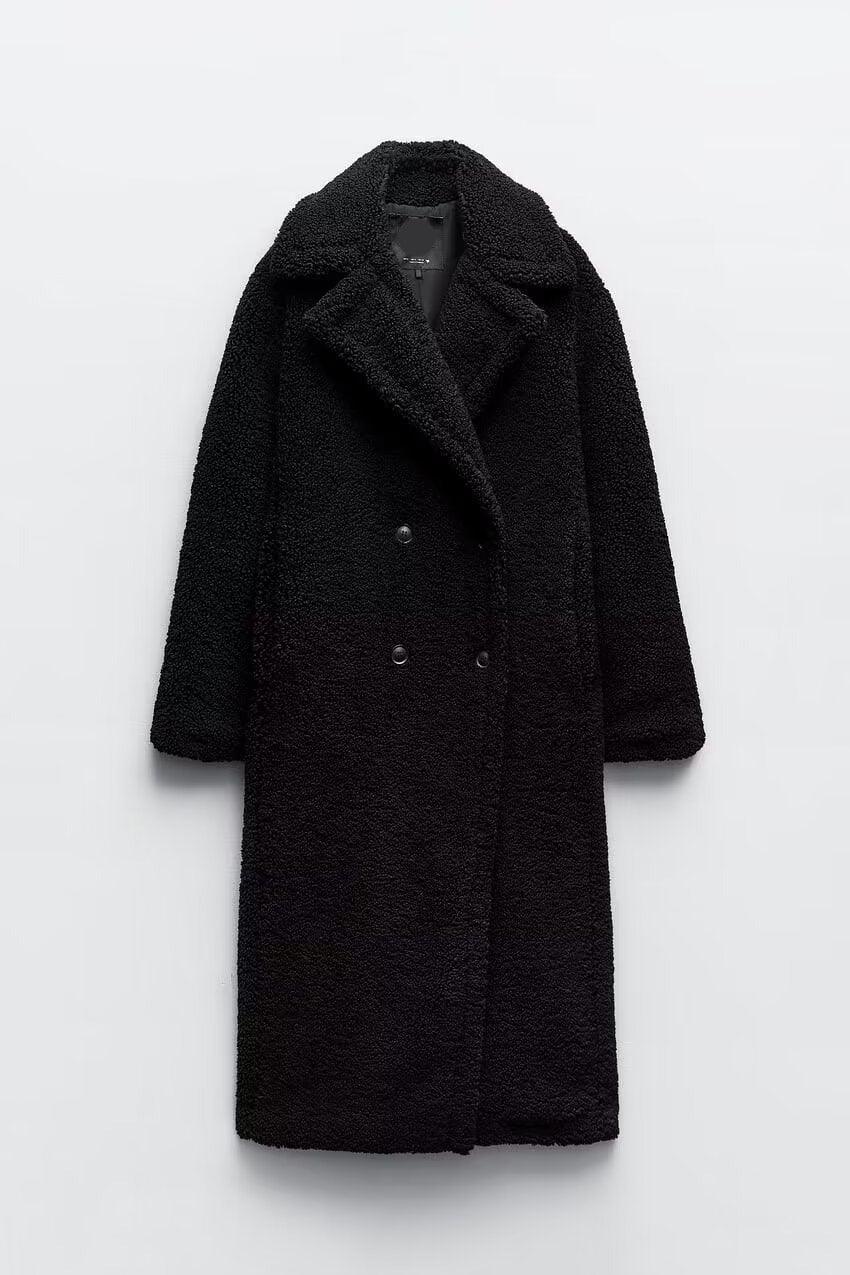 Women's long teddy coat with notched lapels and button front