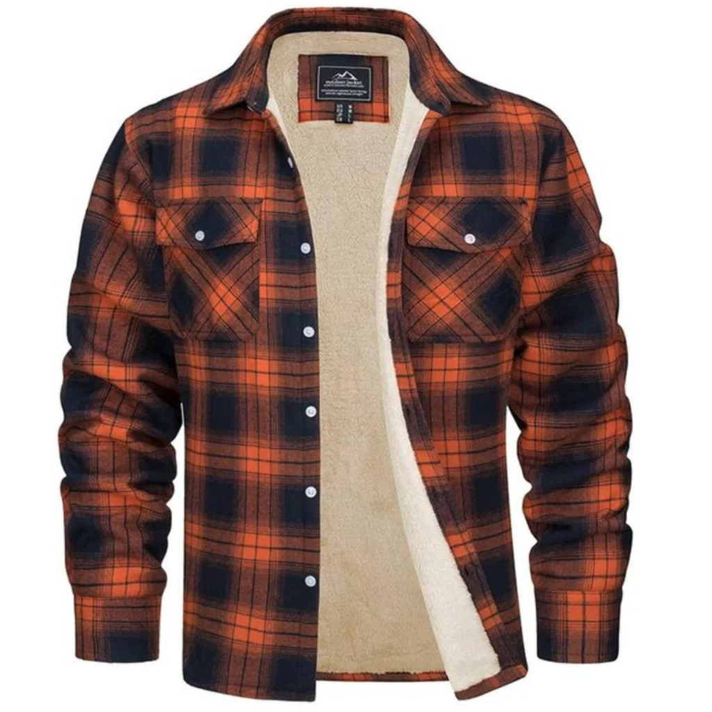 Men's checked shirt jacket with button fastening, chest pockets and fleece-style lining