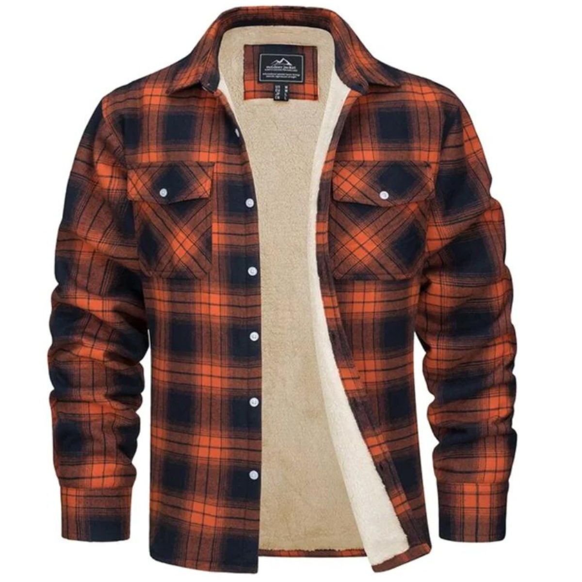 Men's checked shirt jacket with button fastening, chest pockets and fleece-style lining