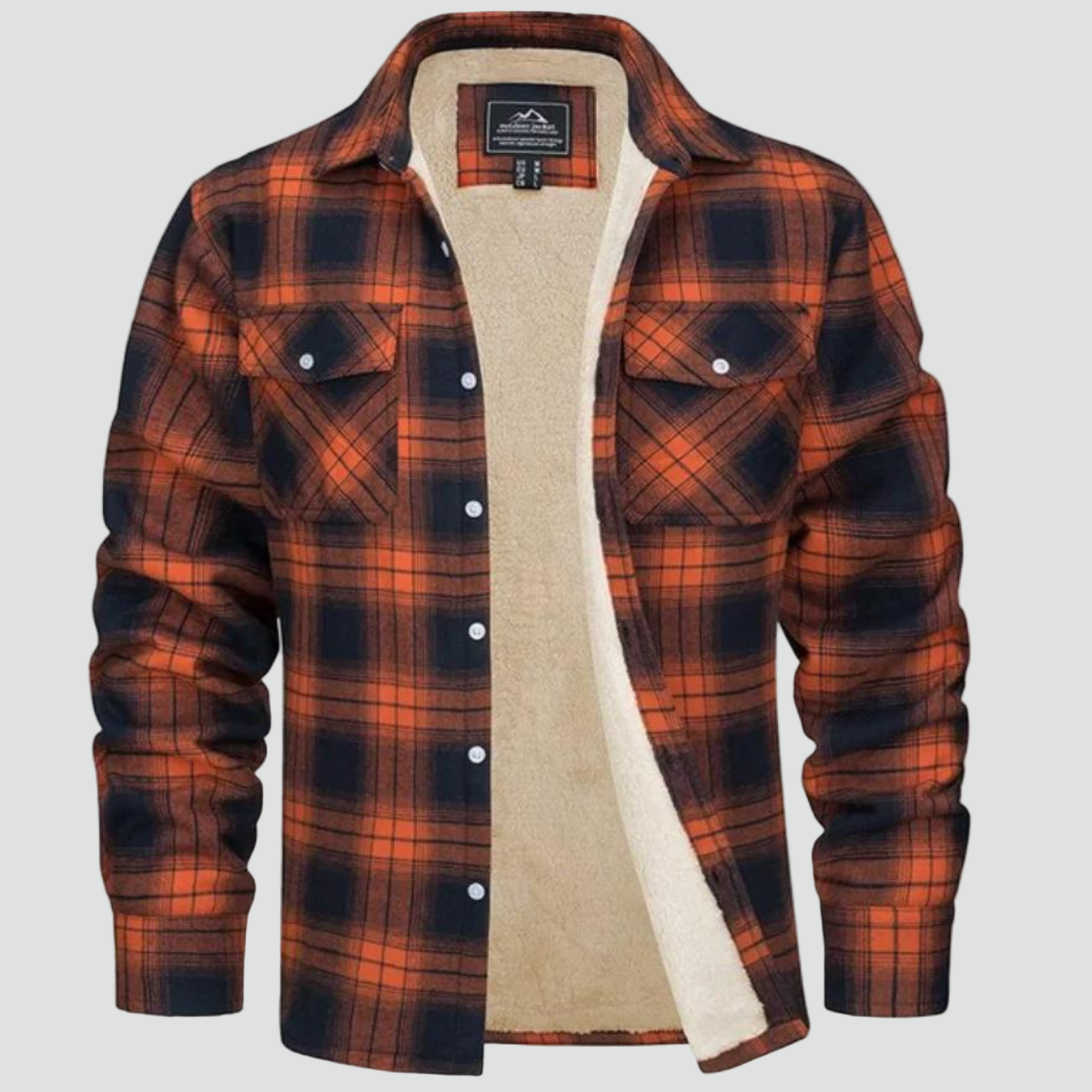 Men's checked shirt jacket with button front, chest pockets and fleece lining