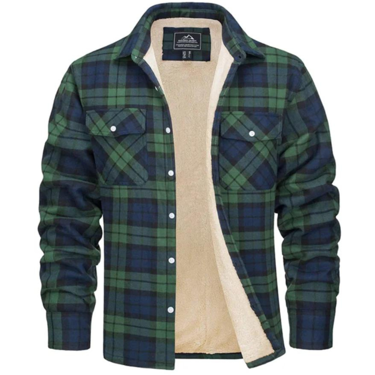 Men's checked shirt jacket with button front, chest pockets and fleece lining