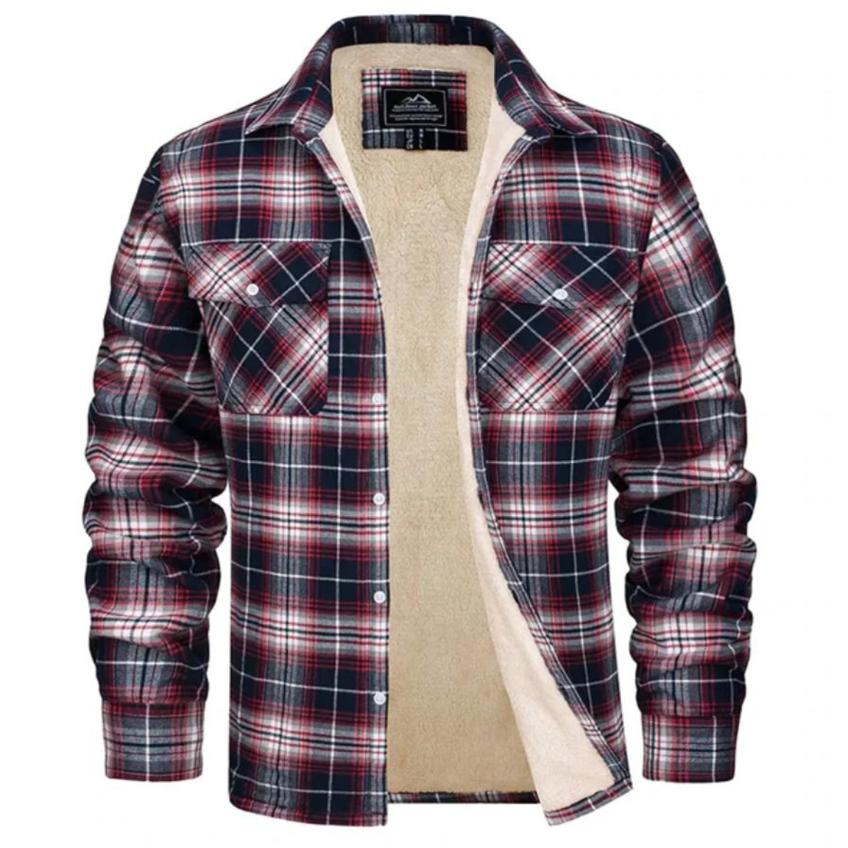 Men's checked shirt jacket with button front, chest pockets and fleece lining