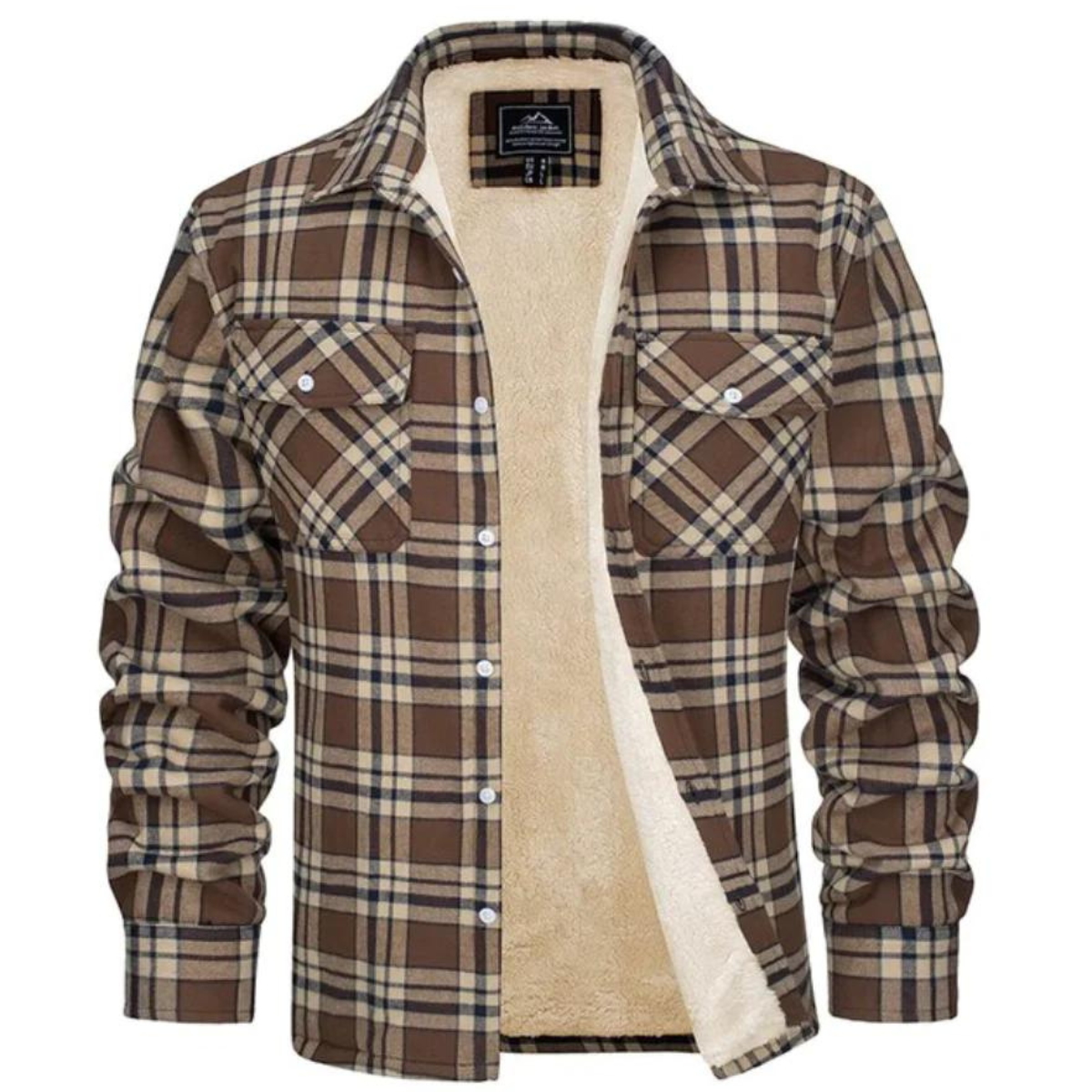 Men's checked shirt jacket with button front, chest pockets and fleece lining