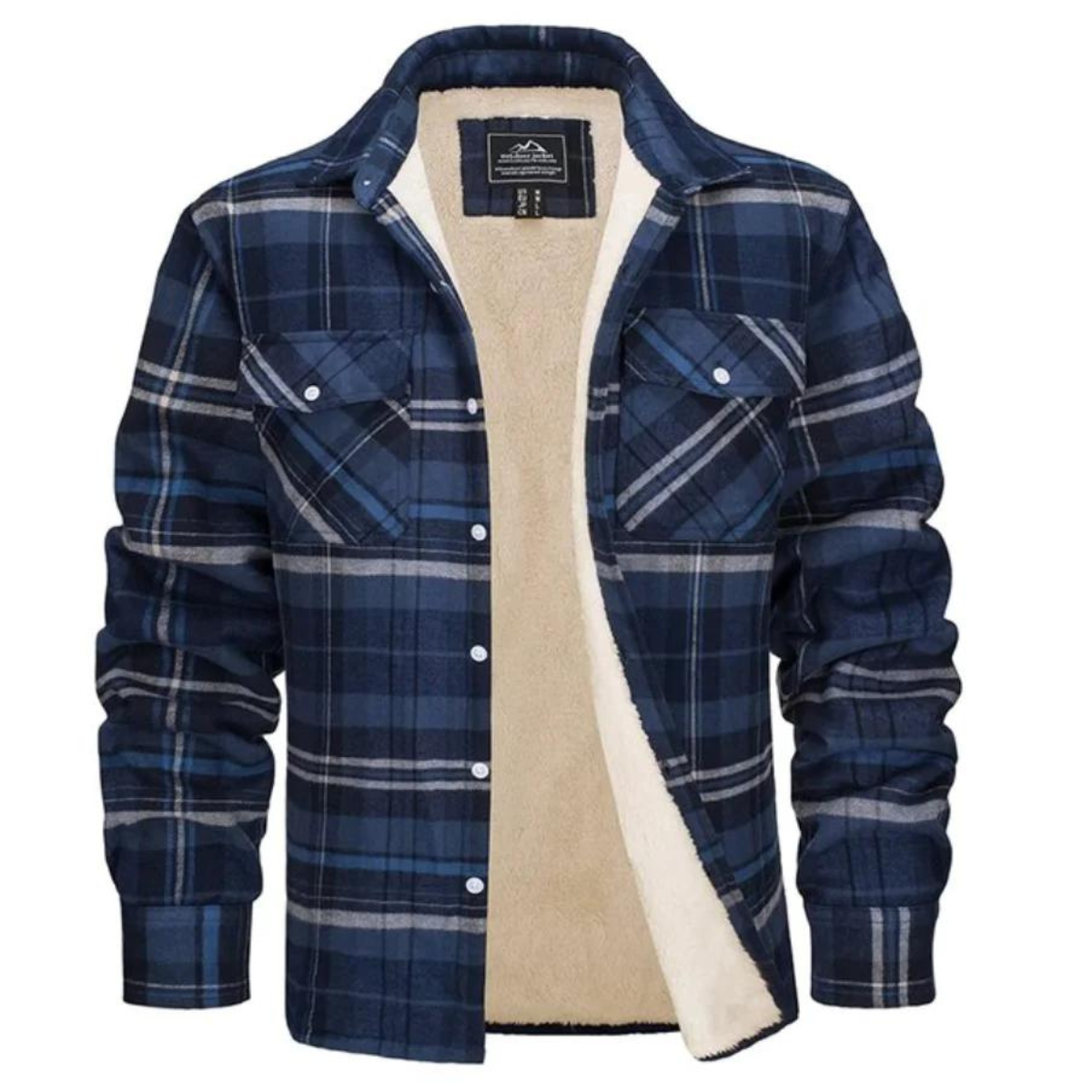 Men's checked shirt jacket with button fastening, chest pockets and fleece-style lining