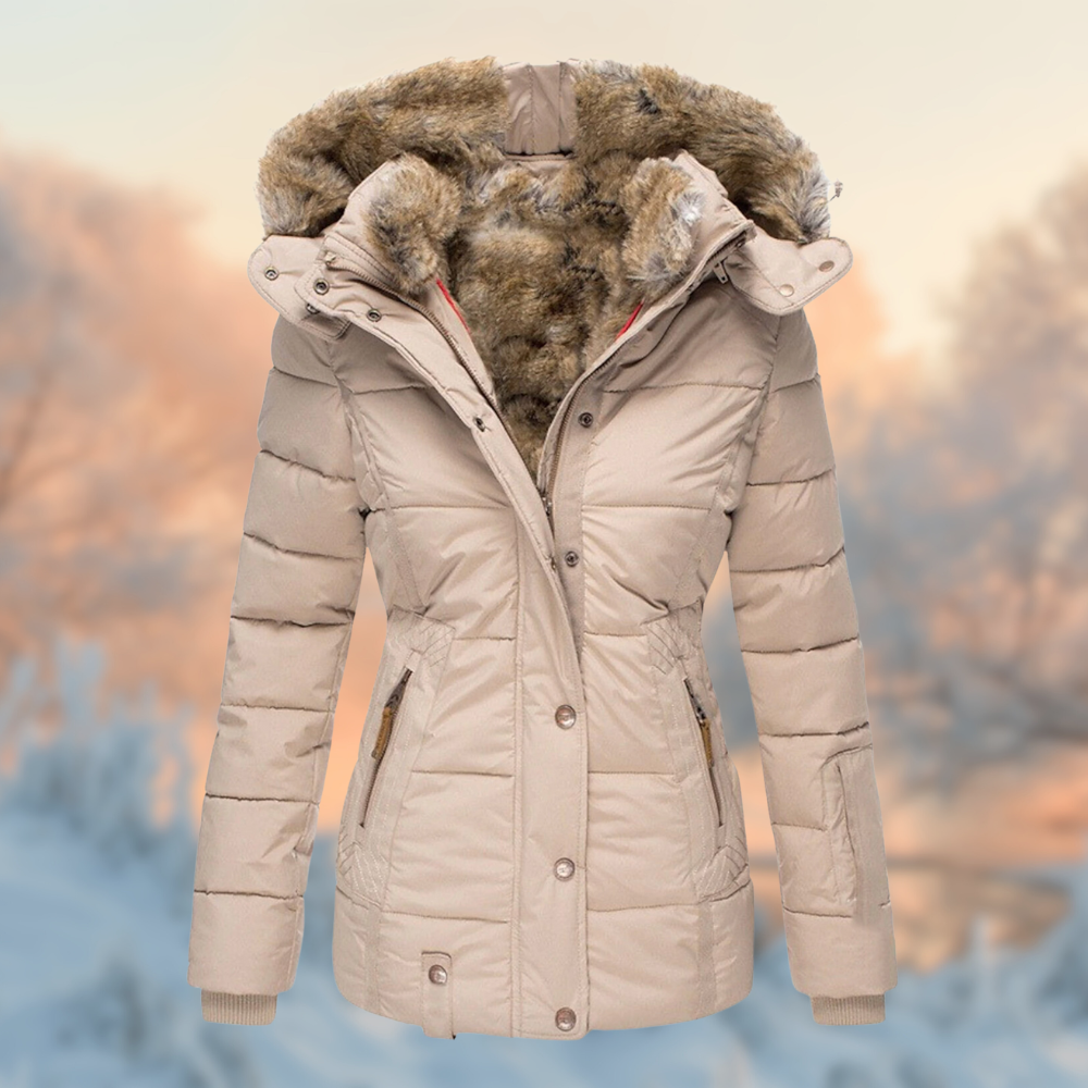 Women's padded winter coat with fur-trimmed hood and zipped pockets