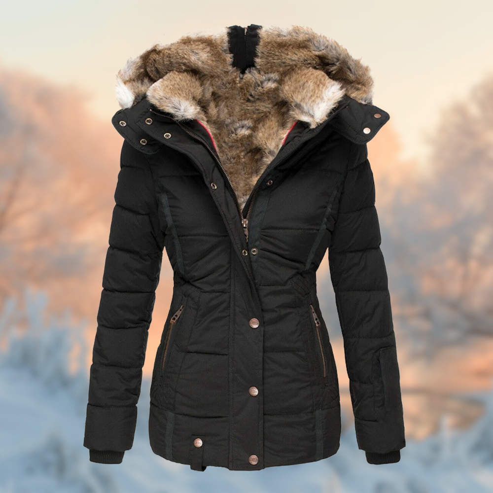 Women's padded winter coat with fur-trimmed hood and zipped pockets