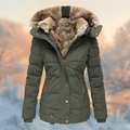 Women's padded winter coat with fur-trimmed hood and zipped pockets