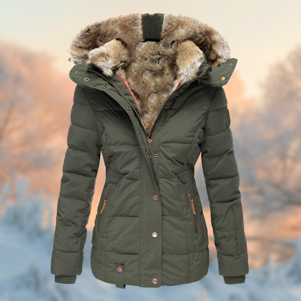 Women's padded winter coat with fur-trimmed hood and zipped pockets