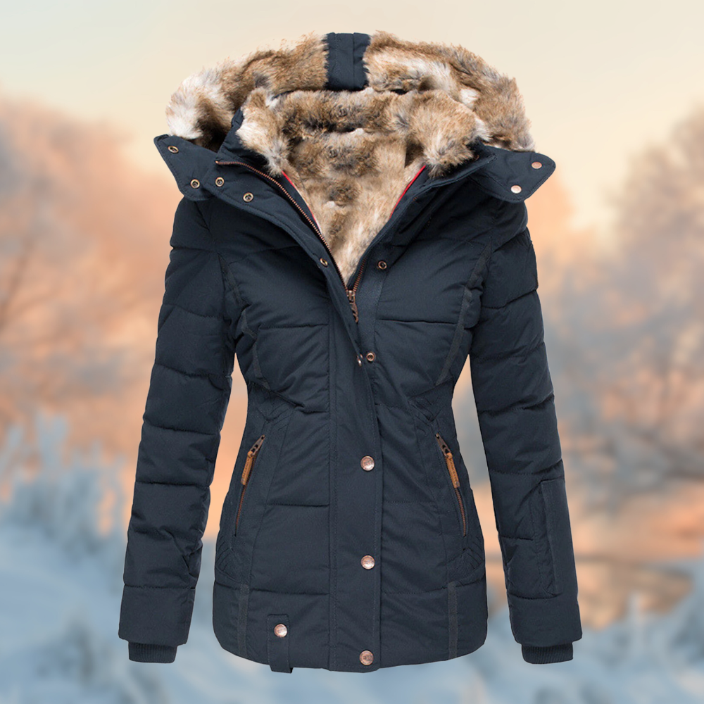 Women's padded winter coat with fur-trimmed hood and zipped pockets