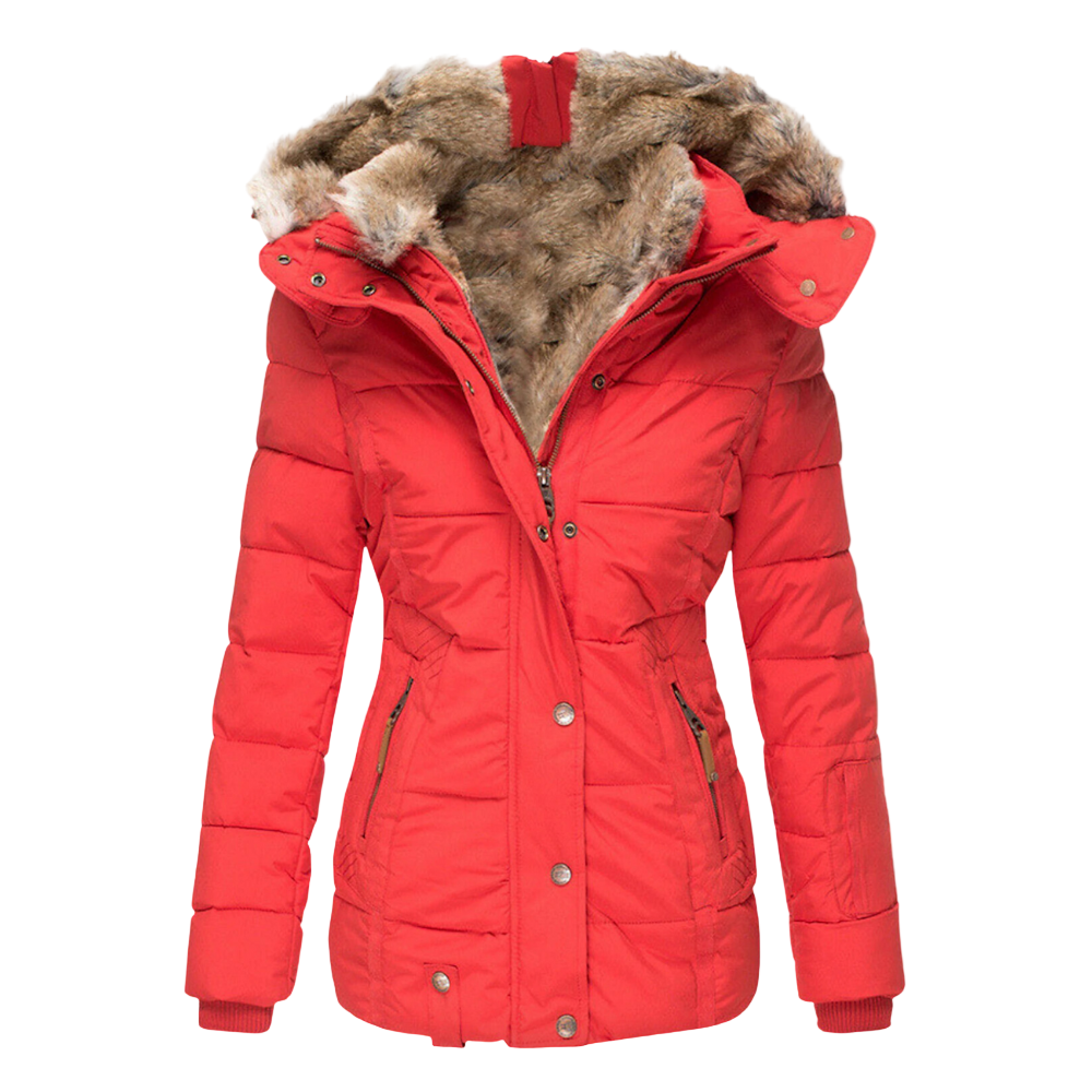 Women's padded winter coat with fur-trimmed hood and zipped pockets