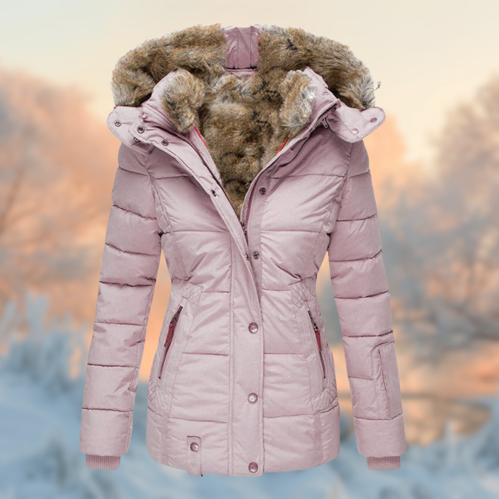 Women's padded winter coat with fur-trimmed hood and zipped pockets