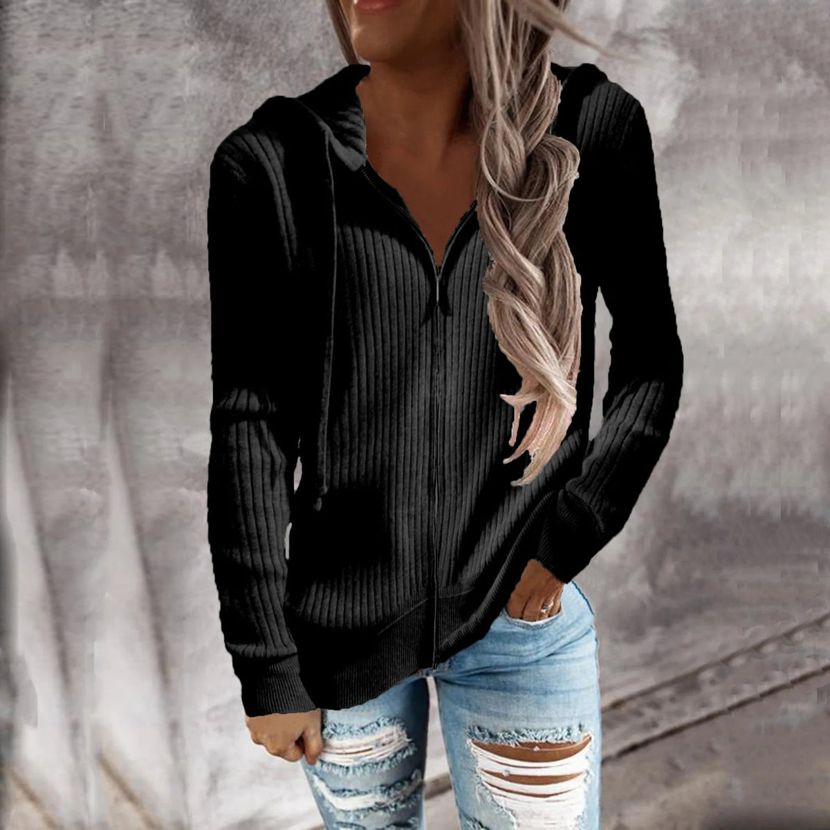 Women's ribbed hooded zip hoodie with long sleeves and front pockets