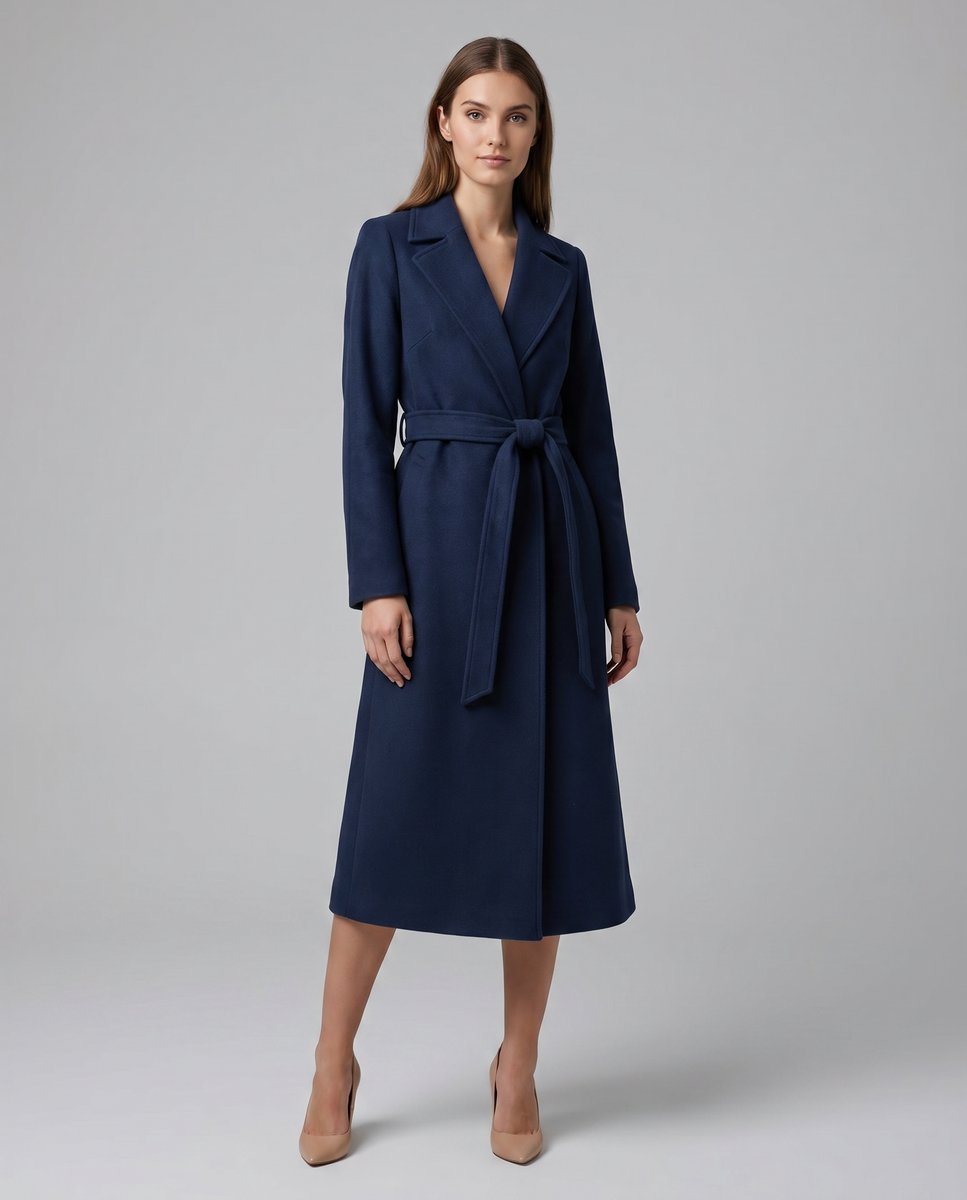 Women's navy longline coat with notched lapels, long sleeves and waist belt