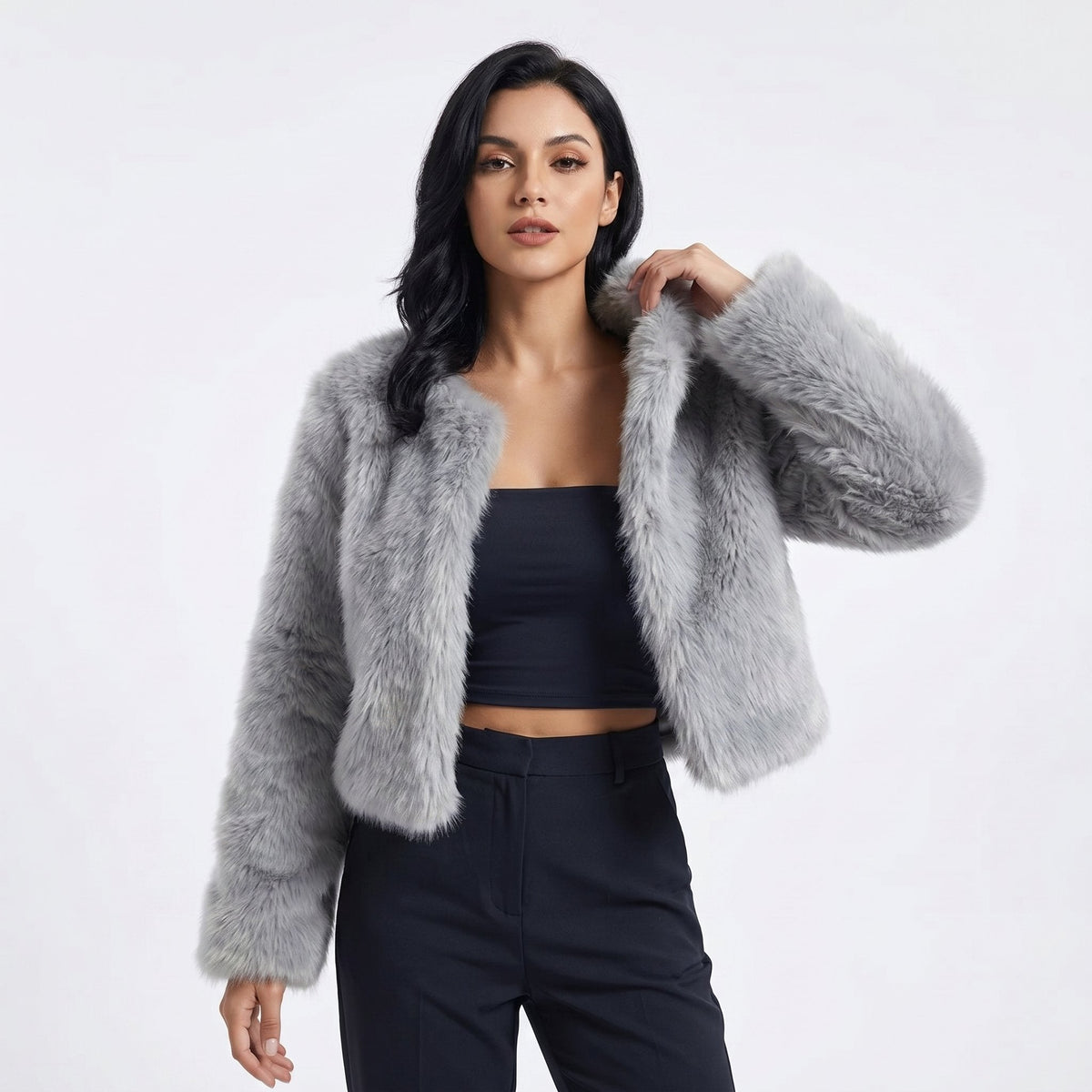 Women's cropped long sleeve textured jacket with open front