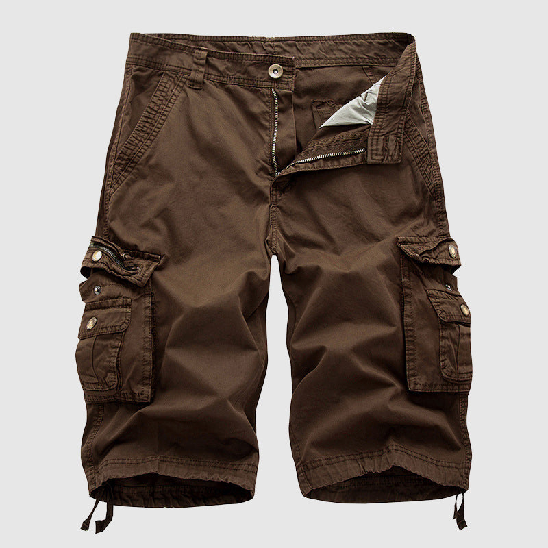 Men's cargo shorts with multiple flap pockets and adjustable drawstring hems