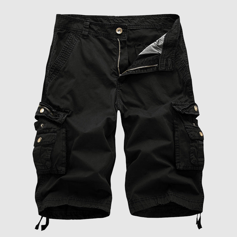 Men's cargo shorts with multiple flap pockets and adjustable drawstring hems