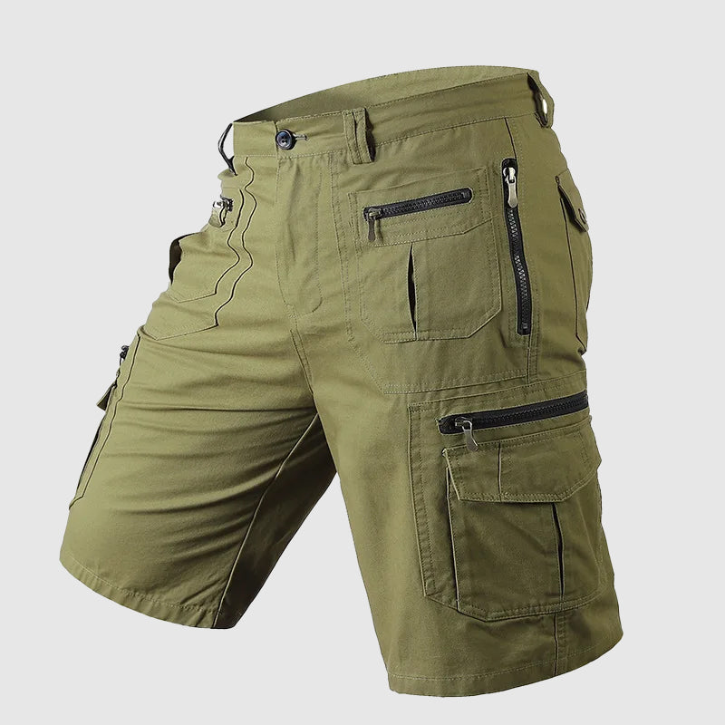 Men's multi-pocket cargo shorts with zip compartments and above-knee length