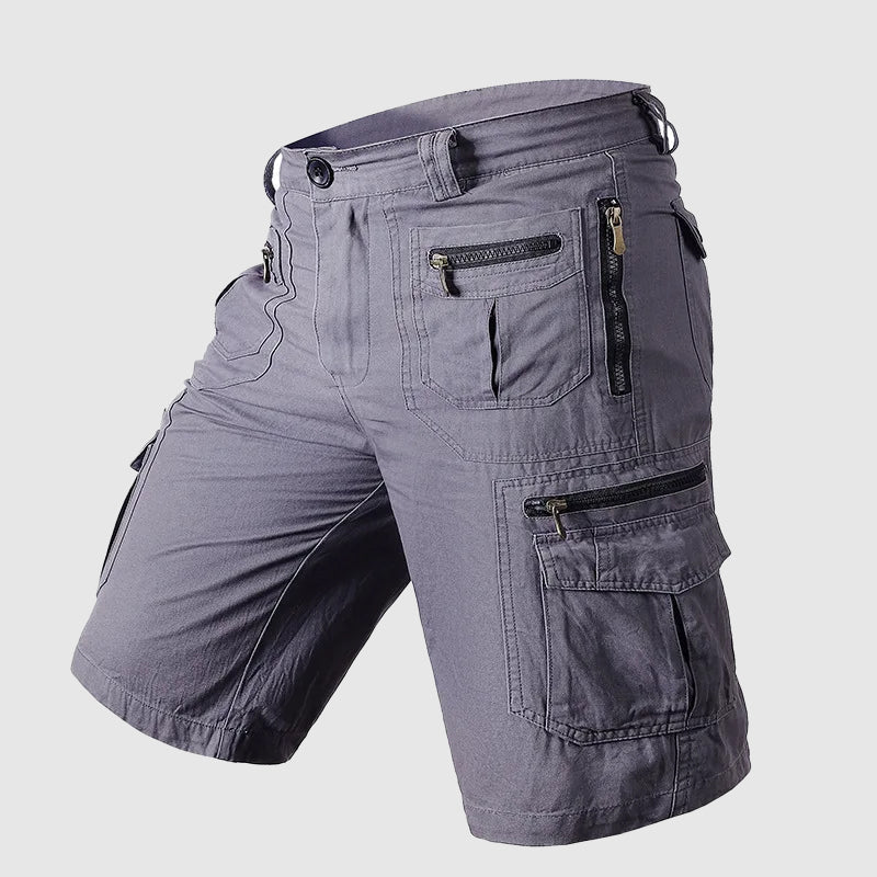 Men's multi-pocket cargo shorts with zip compartments and above-knee length