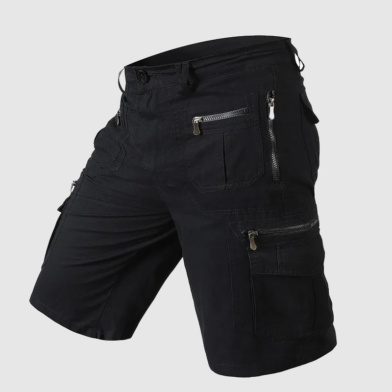Men's multi-pocket cargo shorts with zip compartments and above-knee length