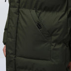 Men's long hooded padded coat with quilted panels and front fastening