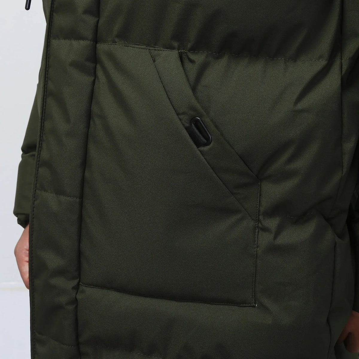 Men's long hooded padded coat with quilted panels and front fastening