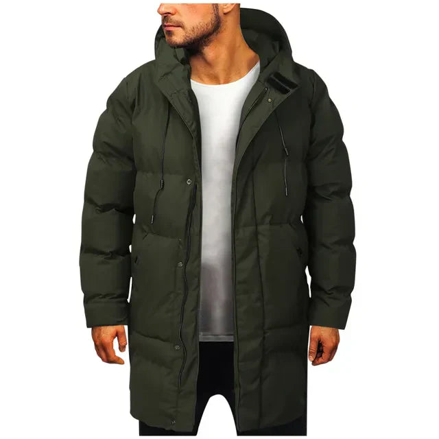 Men's long hooded padded coat with quilted panels and front fastening