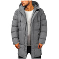 Men's long hooded padded coat with quilted panels and front fastening