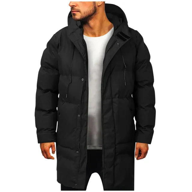 Men's long hooded padded coat with quilted panels and front fastening