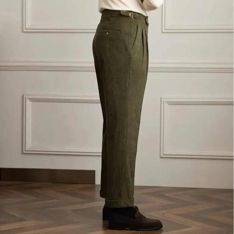 Women's pleated wide-leg corduroy trousers with high waistband and side pockets