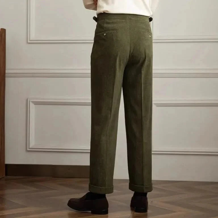 Women's pleated wide-leg corduroy trousers with high waistband and side pockets