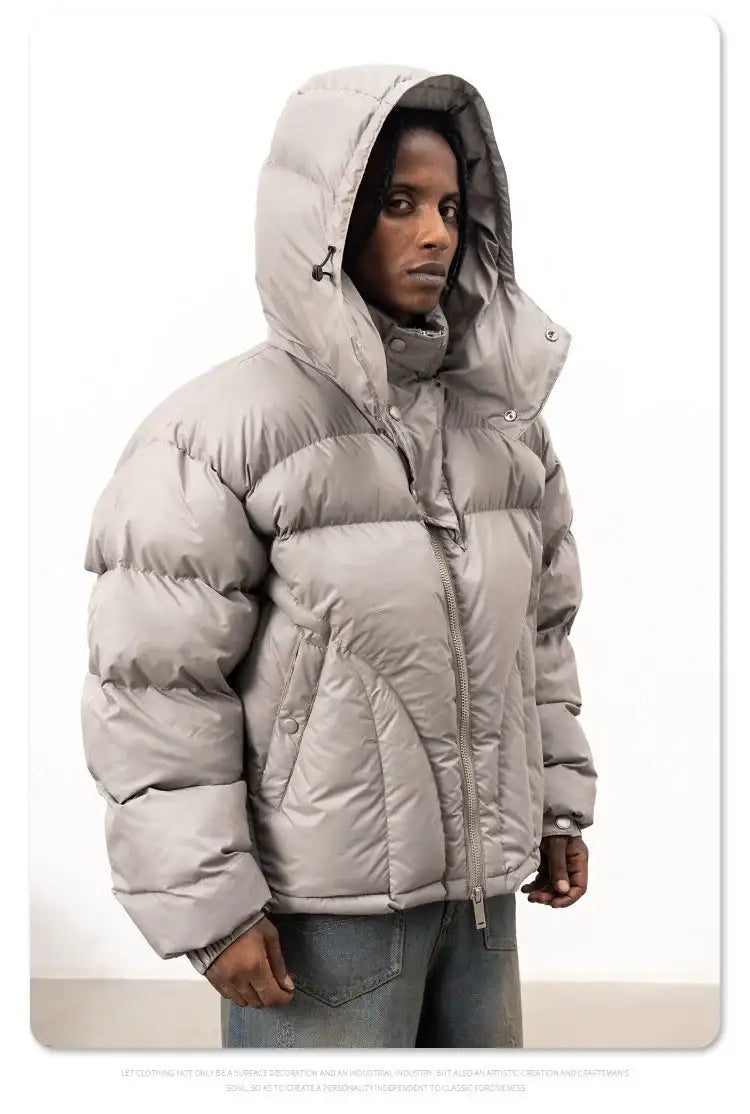 Men's stone hooded puffer jacket with quilted sections and front zip