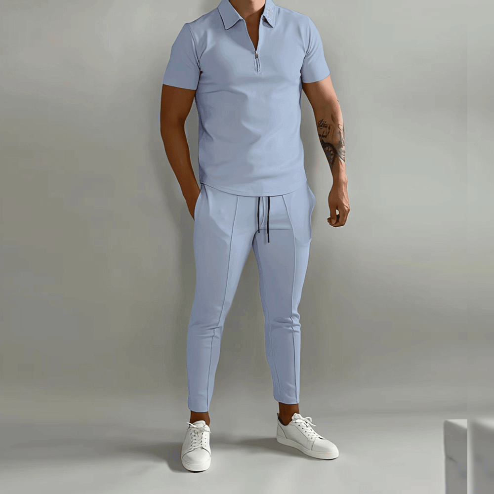 Men's two-piece polo shirt and tapered trousers set with zip collar