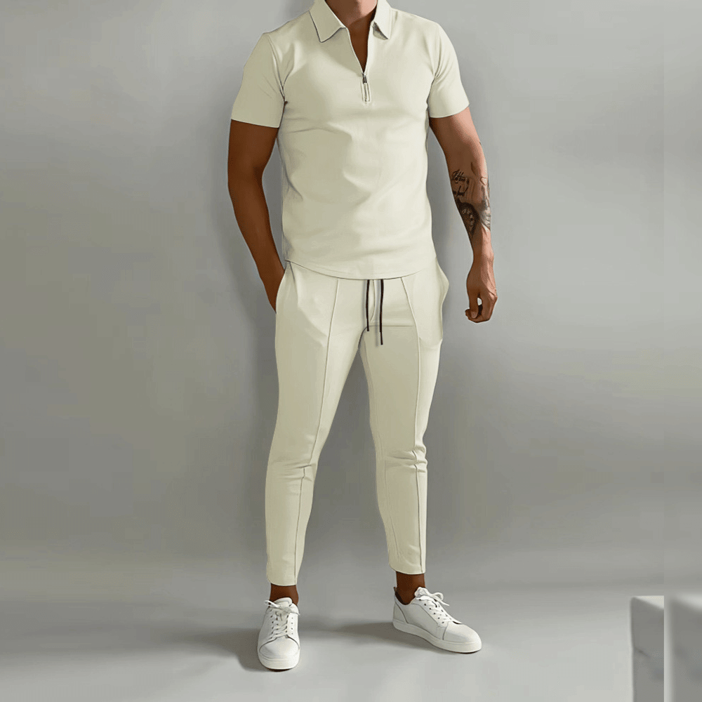 Men's two-piece polo shirt and tapered trousers set with zip collar