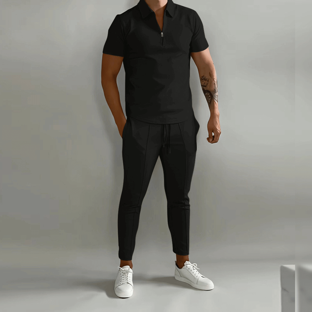 Men's two-piece polo shirt and tapered trousers set with zip collar