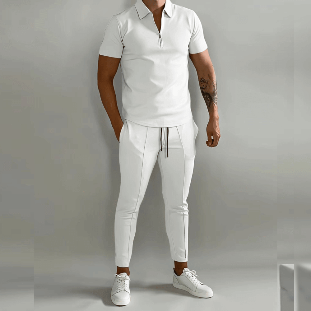 Men's two-piece polo shirt and tapered trousers set with zip collar
