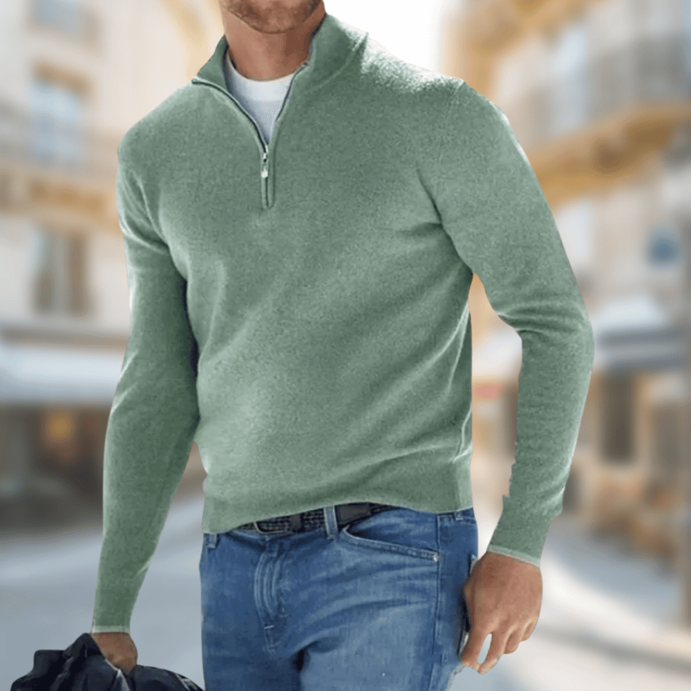 Men's plain long-sleeve quarter-zip jumper with raised collar