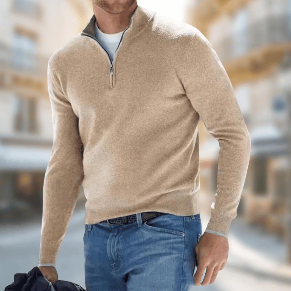 Men's plain long-sleeve quarter-zip jumper with raised collar