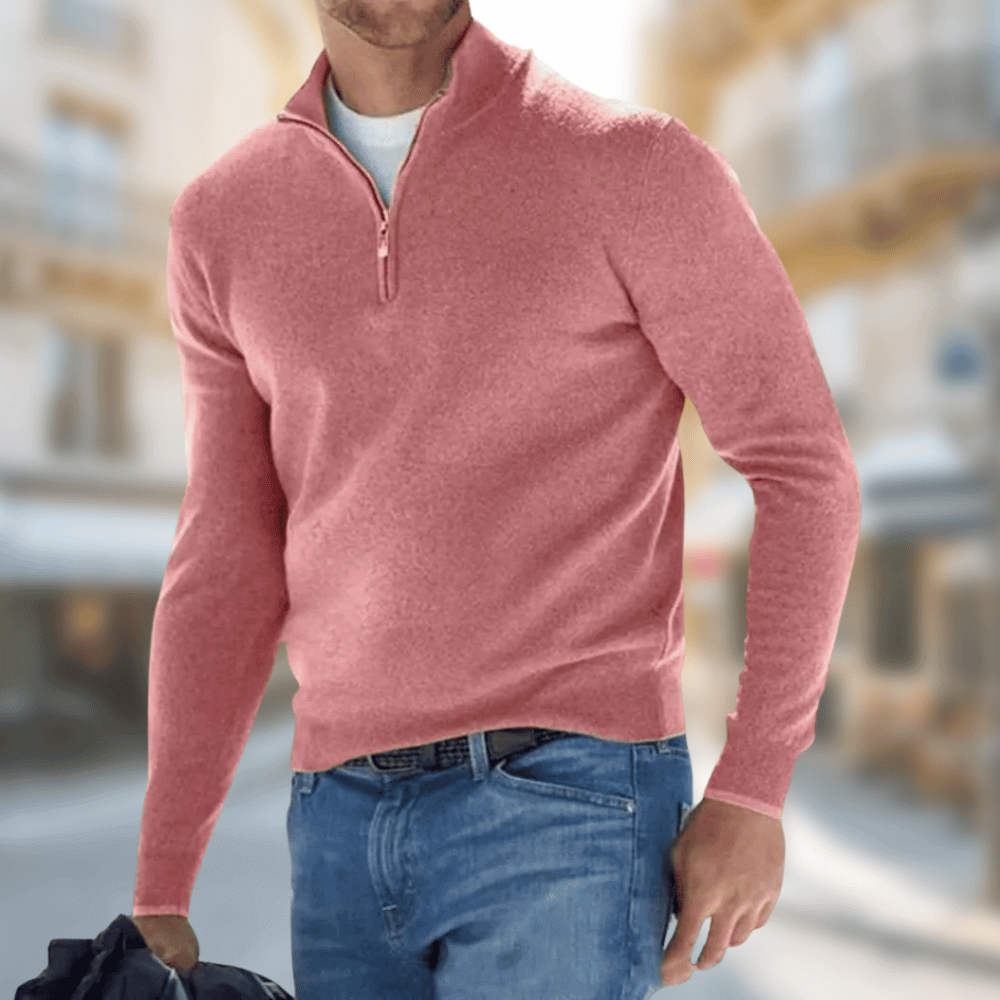 Men's plain long-sleeve quarter-zip jumper with raised collar