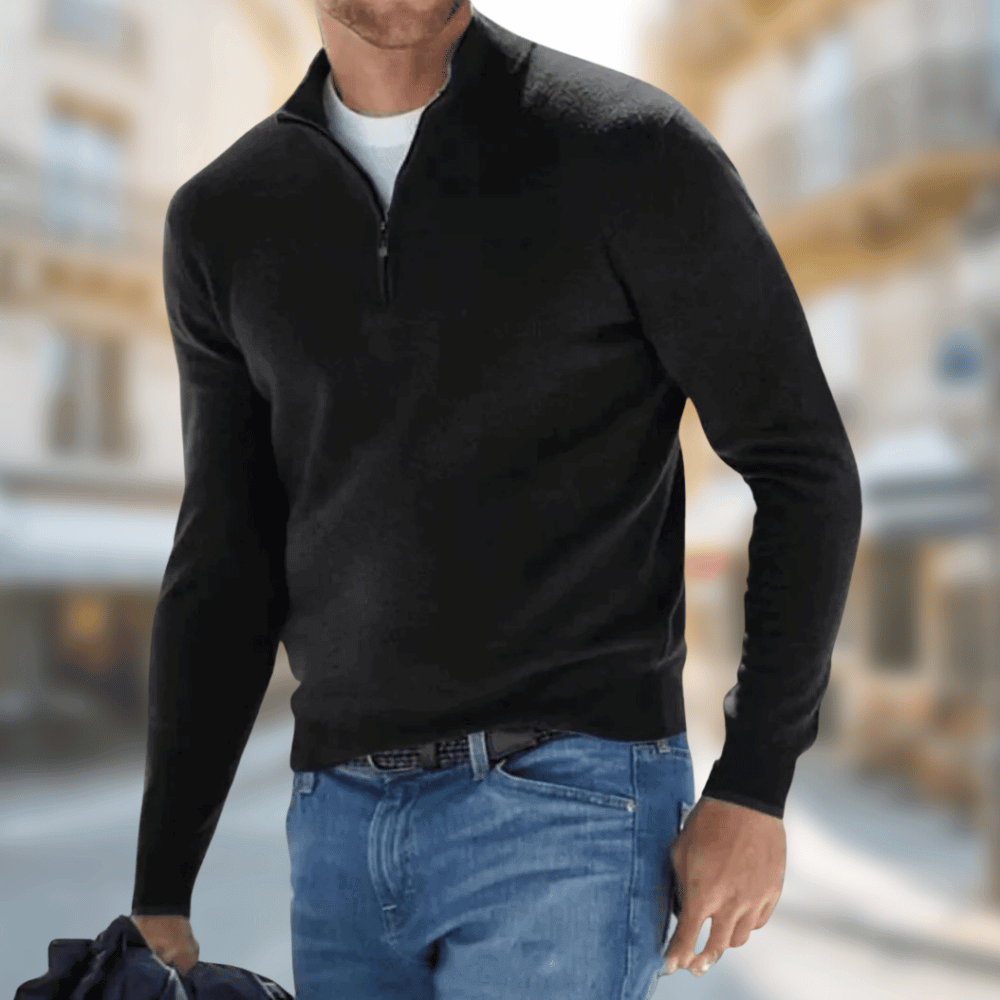 Men's plain long-sleeve quarter-zip jumper with raised collar