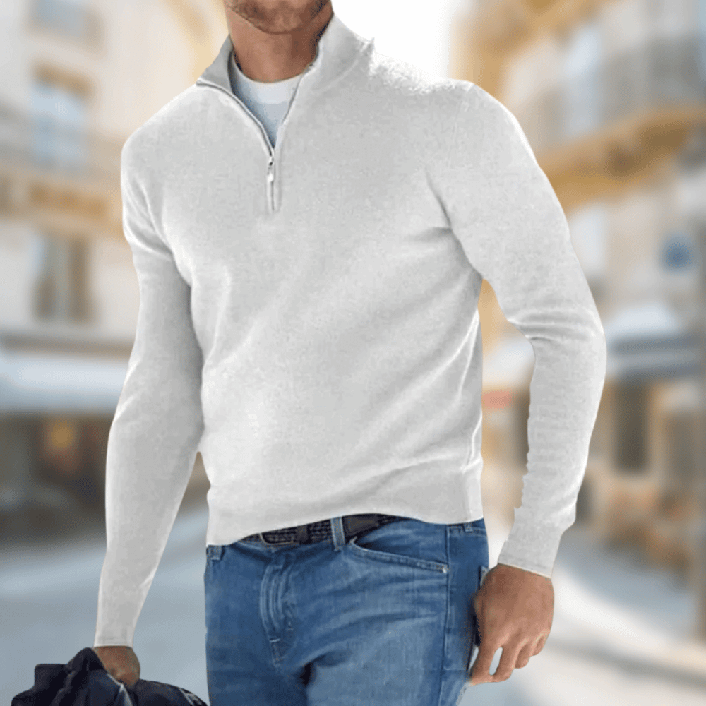 Men's plain long-sleeve quarter-zip jumper with raised collar