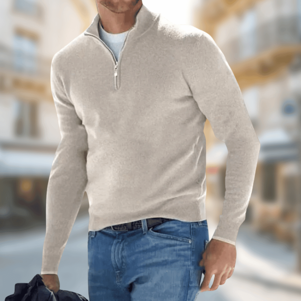 Men's plain long-sleeve quarter-zip jumper with raised collar