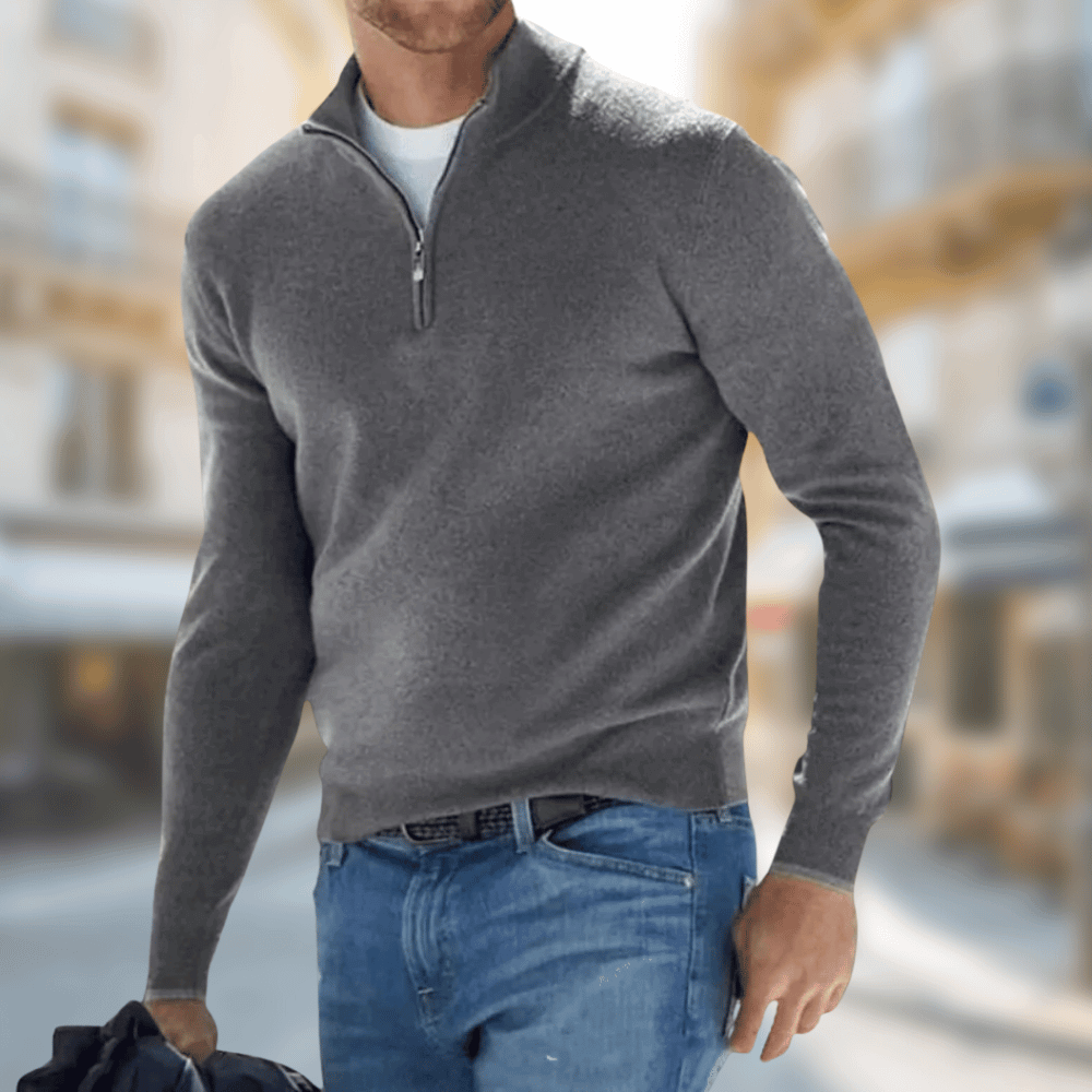 Men's plain long-sleeve quarter-zip jumper with raised collar