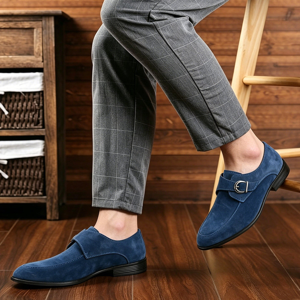Men's plain monk-strap loafers with metal buckle and low heel