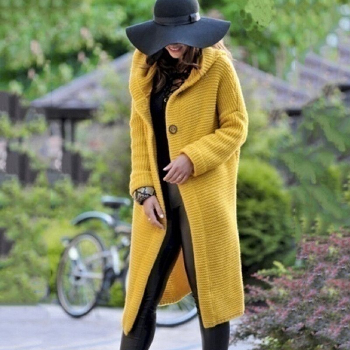Women's long ribbed hooded cardigan with button front