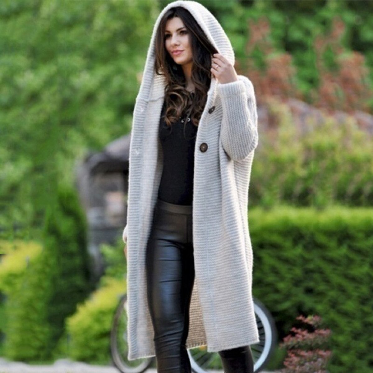 Women's long ribbed hooded cardigan with button front