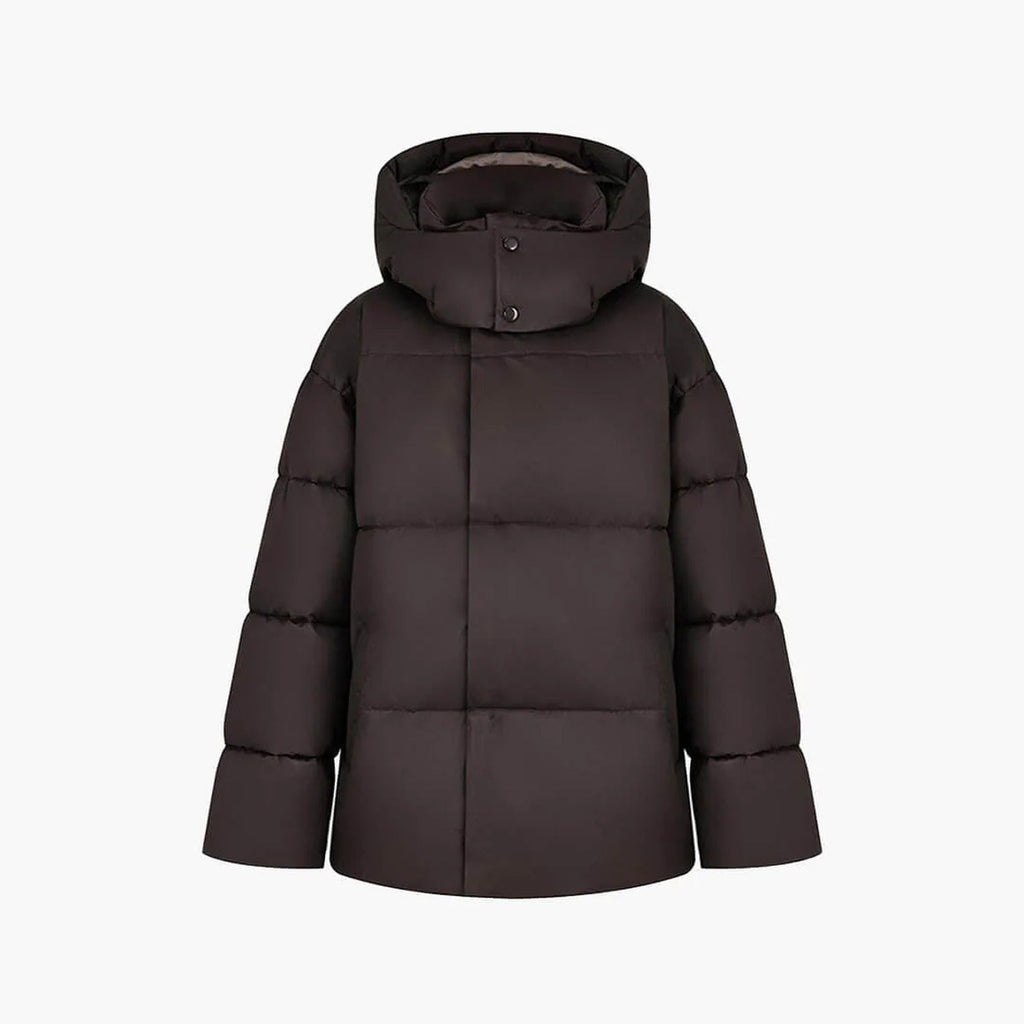 Women's hooded quilted puffer winter jacket with long sleeves and front zip
