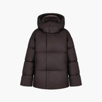 Women's hooded quilted puffer winter jacket with long sleeves and front zip