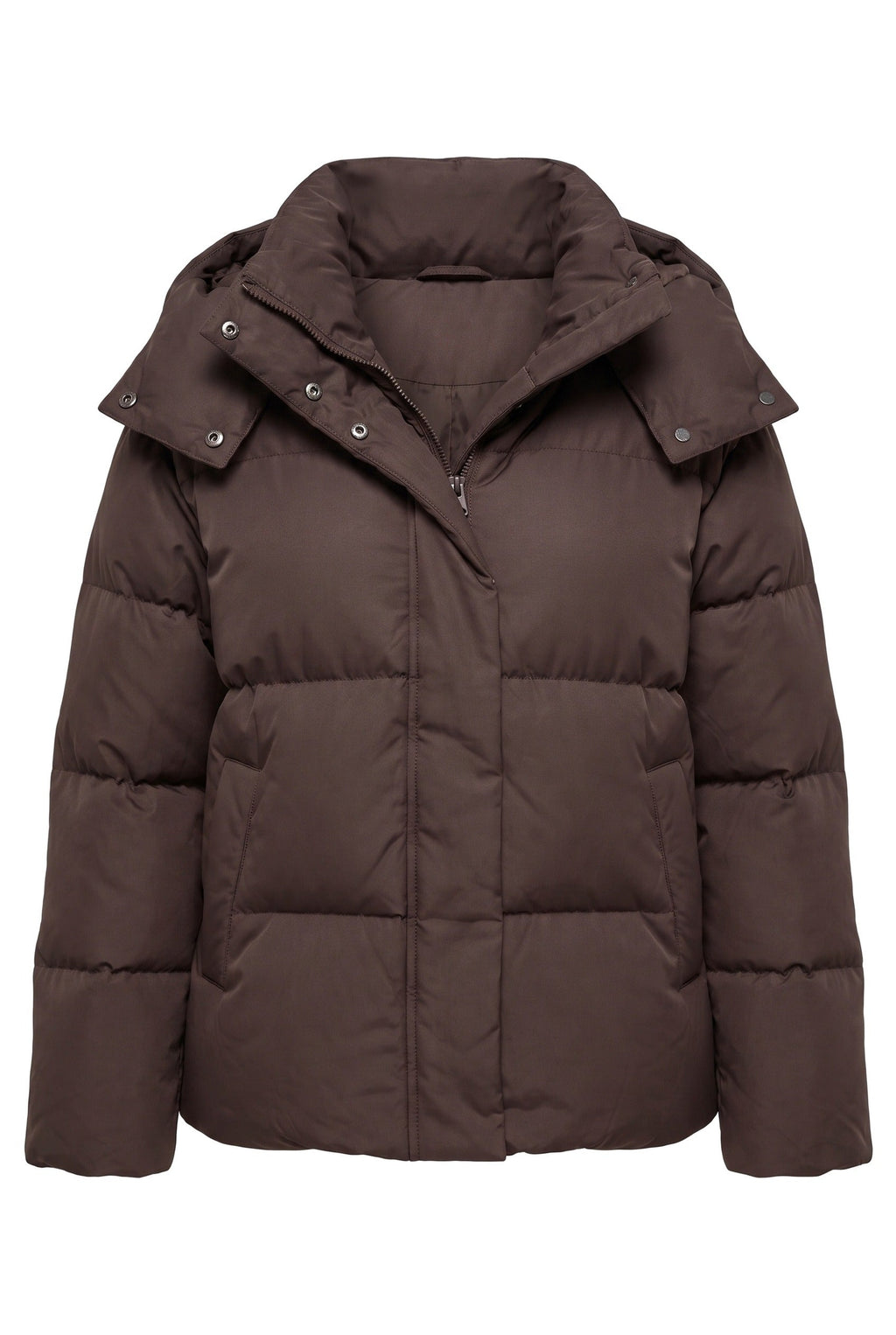 Women's hooded quilted puffer winter jacket with long sleeves and front zip