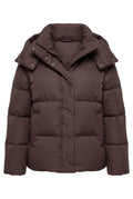 Women's hooded quilted puffer winter jacket with long sleeves and front zip